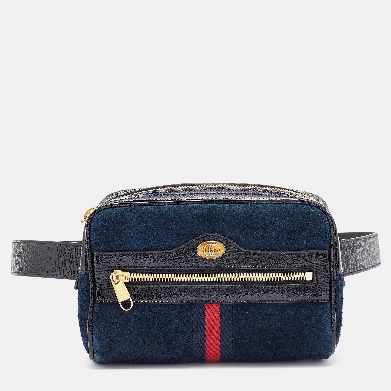 Women Gucci bags with a front - zip pocket for small itemsWomen Gucci bags with a front - zip pocket for small itemsGucci Navy Blue/Black Suede and Patent Leather GG Ophidia Belt Bag