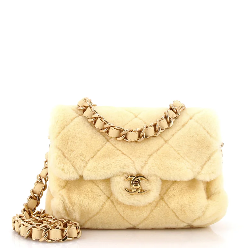 CC Bar Chain Handle Flap Bag Quilted Shearling Large