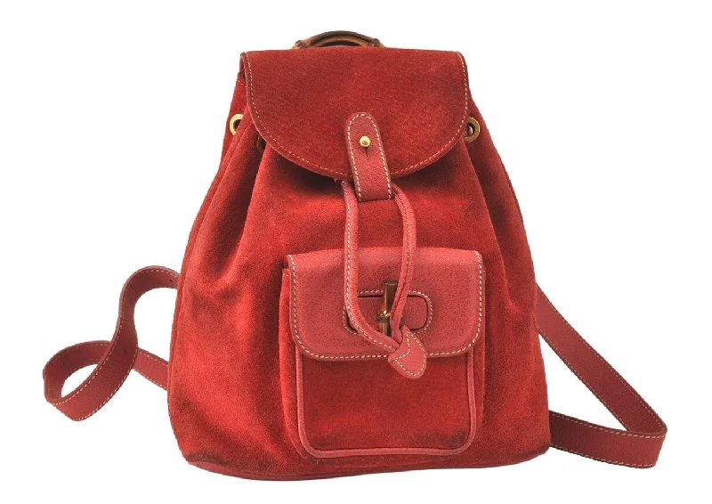 Women Gucci crossbody bags with a woven leather strapWomen Gucci crossbody bags with a woven leather strapAuthentic GUCCI Vintage Bamboo Drawstring Backpack Suede Leather Red 4527K