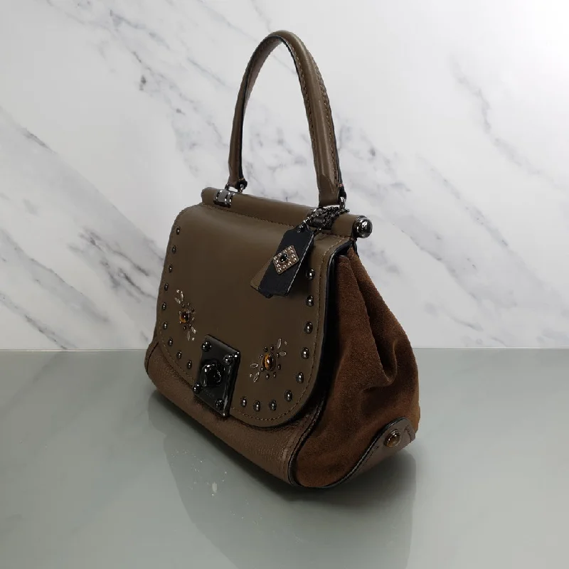 Coach bags with a front - flap pocket and a turnlock for a classic aestheticCoach bags with a front - flap pocket and a turnlock for a classic aestheticCoach Drifter With Western Rivets & Top Handle in Mixed Leather Fatigue Brown Suede