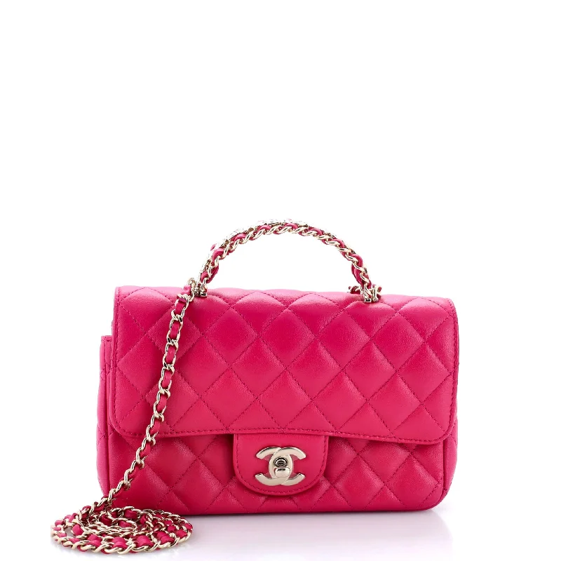 Crystal Chain Flap Top Handle Bag Quilted Lambskin Small