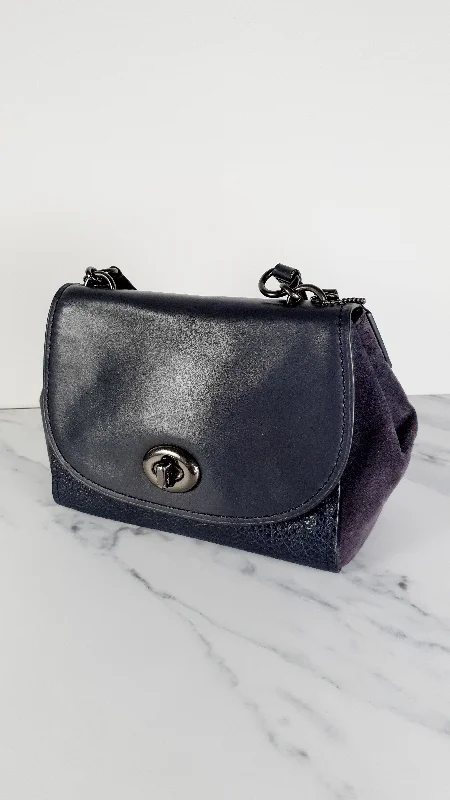 Ladies Coach crossbody bags with a wide - width strap for comfortLadies Coach crossbody bags with a wide - width strap for comfortCoach Faye in Dark Blue Navy Mixed Leather & Suede Flap Bag Turnlock Tophandle Crossbody - Coach F22348