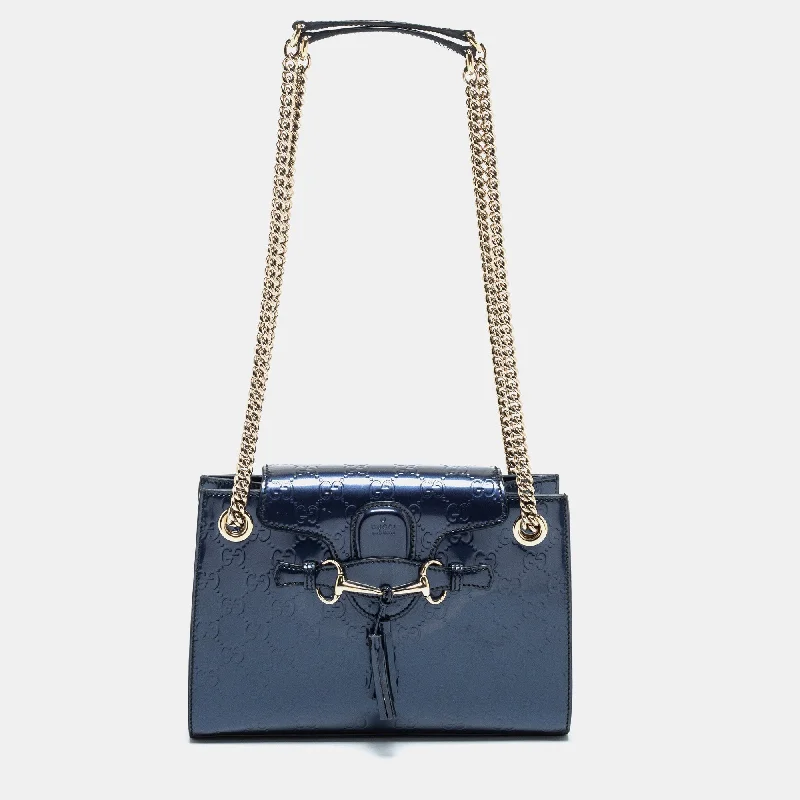 Women Gucci bags with a front - zip pocket for small itemsWomen Gucci bags with a front - zip pocket for small itemsGucci Blue Guccissima Patent Leather Small Emily Chain Shoulder Bag