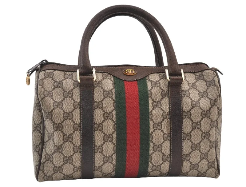 Women Gucci bags with interlocking G hardware for a classic lookWomen Gucci bags with interlocking G hardware for a classic lookAuthentic GUCCI Web Sherry Line Hand Boston Bag GG PVC Leather Brown Junk 9535J