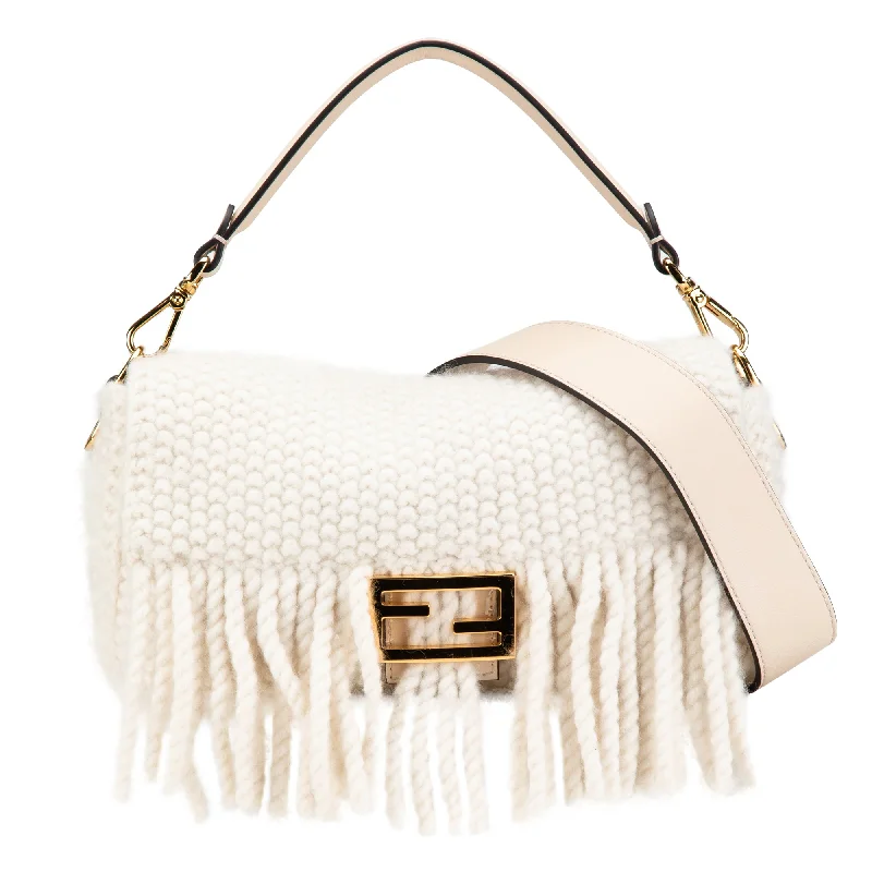 Ladies Fendi Peekaboo bags with a textured leather surface for a more tactile and luxurious feelLadies Fendi Peekaboo bags with a textured leather surface for a more tactile and luxurious feelWhite Fendi Knitted Wool Fringe Baguette Satchel