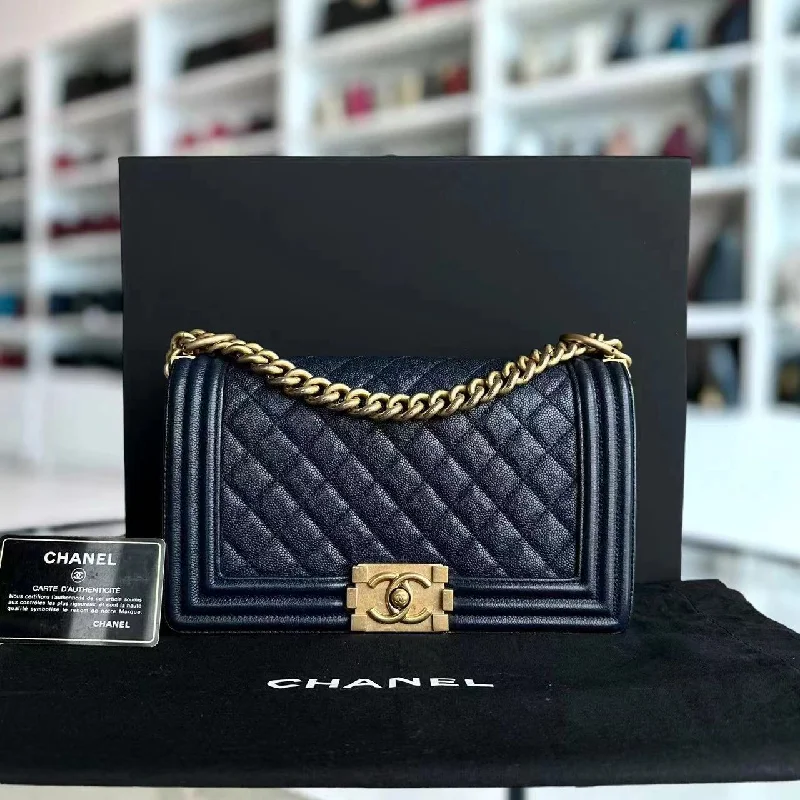 Chanel Black Handbag for Business MeetingsChanel Black Handbag for Business MeetingsCaviar Boy Old Medium 25CM Quilted Calfskin Dark Navy Blue Leboy Golden Hardware