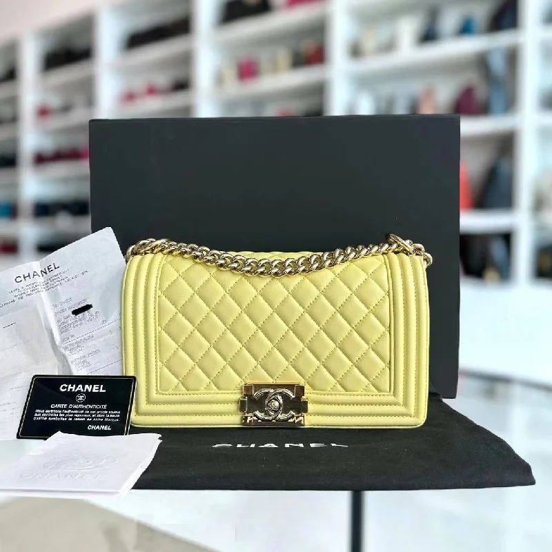 Chanel New Arrival Handbag with Gold HardwareChanel New Arrival Handbag with Gold Hardware*Full Set Receipt* Boy Old Medium 25CM Quilted Calfskin Yellow Golden Hardware Series 22