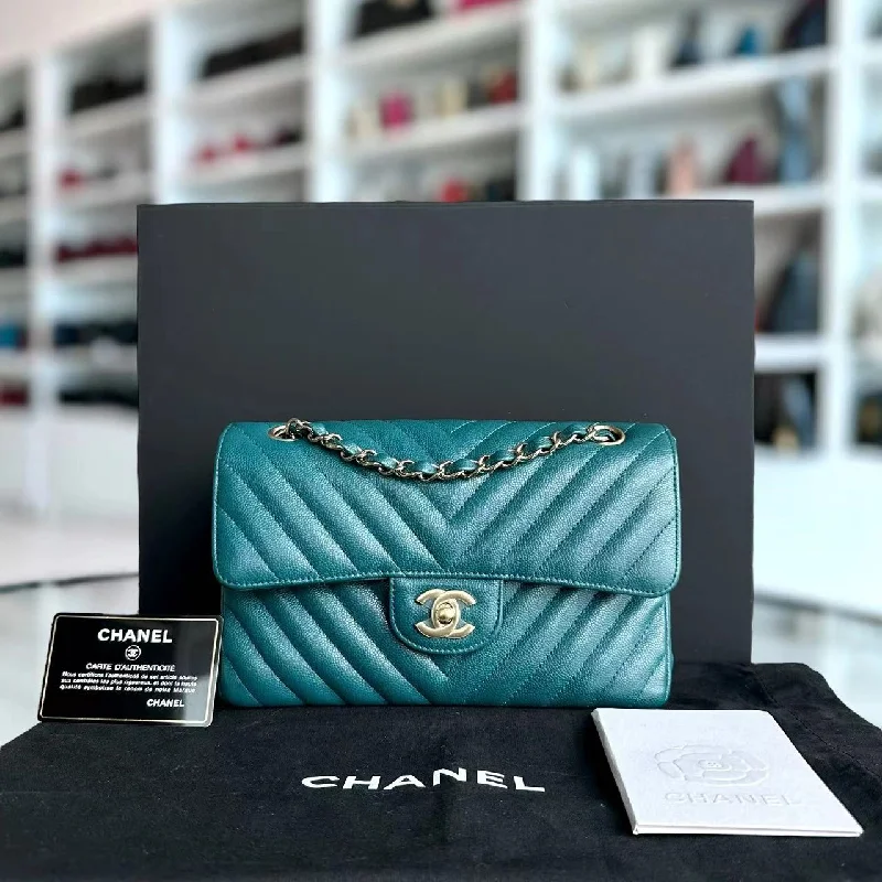 Chanel Vintage Inspired Handbag for Retro LoversChanel Vintage Inspired Handbag for Retro Lovers*Full Set Receipt* Caviar Small 23CM Chevron Calfskin Jade Green Blue GHW No 26